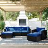 6PCS Outdoor Patio Sectional All Weather PE Wicker Rattan Sofa Set with Glass Table, Blue Cushion+ Brown Wicker