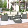 Outdoor Patio 5-Piece All-Weather PE Wicker Rattan Sectional Sofa Set with Multifunctional Table and Ottoman, Gray Wicker+ Beige Cushion