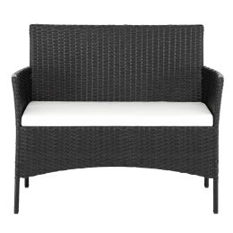 2pcs Arm Chairs 1pc Love Seat & Tempered Glass Coffee Table Rattan Sofa Set Black-dk