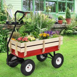 Outdoor Pulling Garden Cart Wagon with Wood Railing