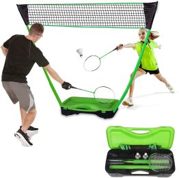Portable Badminton Net Set Storage Box Base with 2 Battledores 2 Shuttlecocks Large, Green