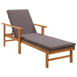 Sun Lounger with Cushion Poly Rattan and Solid Acacia Wood Gray