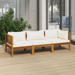 3-Seater Patio Sofa with Cream Cushion Solid Acacia Wood