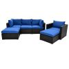 6PCS Outdoor Patio Sectional All Weather PE Wicker Rattan Sofa Set with Glass Table, Blue Cushion+ Brown Wicker