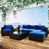 6PCS Outdoor Patio Sectional All Weather PE Wicker Rattan Sofa Set with Glass Table, Blue Cushion+ Brown Wicker