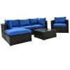 6PCS Outdoor Patio Sectional All Weather PE Wicker Rattan Sofa Set with Glass Table, Blue Cushion+ Brown Wicker