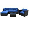 6PCS Outdoor Patio Sectional All Weather PE Wicker Rattan Sofa Set with Glass Table, Blue Cushion+ Brown Wicker