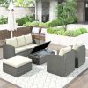 Outdoor Patio 5-Piece All-Weather PE Wicker Rattan Sectional Sofa Set with Multifunctional Table and Ottoman, Gray Wicker+ Beige Cushion