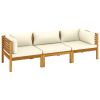 3-Seater Patio Sofa with Cream Cushion Solid Acacia Wood