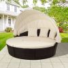 Patio Furniture Round Outdoor Sectional Sofa Set Rattan Daybed Sunbed with Retractable Canopy, Separate Seating and Removable Cushion (Beige)