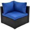 6PCS Outdoor Patio Sectional All Weather PE Wicker Rattan Sofa Set with Glass Table, Blue Cushion+ Brown Wicker