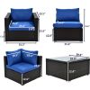 6PCS Outdoor Patio Sectional All Weather PE Wicker Rattan Sofa Set with Glass Table, Blue Cushion+ Brown Wicker