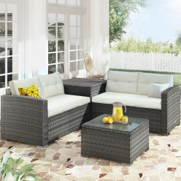 Outdoor Furniture Sofa Set with Large Storage Box (Color: Beige)