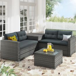 Outdoor Furniture Sofa Set with Large Storage Box (Color: Gray)