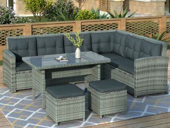 6-Piece Patio Furniture Set Outdoor Sectional Sofa with Glass Table, Ottomans for Pool, Backyard, Lawn (Color: Gray)