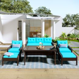 6-Piece Outdoor Patio PE Wicker Rattan Sofa Set Dining Table Set with Removable Cushions and Tempered Glass Tea Table for Backyard, Poolside, Deck (Color: Blue)