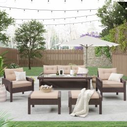 6-Piece Outdoor Patio PE Wicker Rattan Sofa Set Dining Table Set with Removable Cushions and Tempered Glass Tea Table for Backyard, Poolside, Deck (Color: Light Coffee)