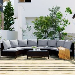 5 Pieces All-Weather Brown PE Rattan Wicker Sofa Set Outdoor Patio Sectional Furniture Set Half-Moon Sofa Set with Tempered Glass Table (Color: Gray)