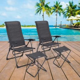 4 Pieces Patio Adjustable Back Folding Dining Chair Ottoman Set (Color: Gray)