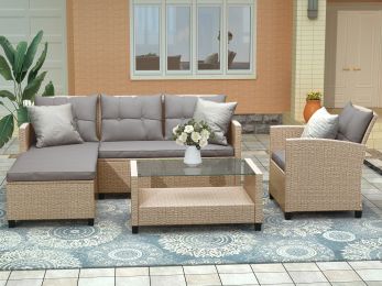 Outdoor, Patio Furniture Sets, 4 Piece Conversation Set Wicker Ratten Sectional Sofa with Seat Cushions(Beige Brown) (Color: beige brown)