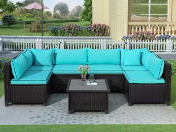 Quality Rattan Wicker Patio Set, U-Shape Sectional Outdoor Furniture Set with Cushions and Accent Pillows (Color: Blue)