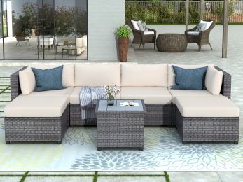 7 Piece Rattan Sectional Seating Group with Cushions, Outdoor Ratten Sofa NEW! (Color: Beige)