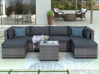 7 Piece Rattan Sectional Seating Group with Cushions, Outdoor Ratten Sofa NEW! (Color: Gray)