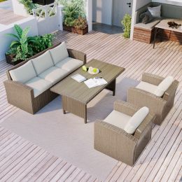 Outdoor Patio Furniture Set 4-Piece Conversation Set Wicker Furniture Sofa Set with Grey Cushions (Color: Beige)