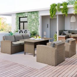 Outdoor Patio Furniture Set 4-Piece Conversation Set Wicker Furniture Sofa Set with Grey Cushions (Color: Gray)