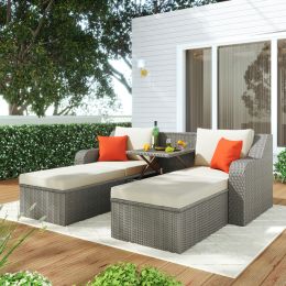 Patio Furniture Sets, 3-Piece Patio Wicker Sofa with Cushions, Pillows, Ottomans and Lift Top Coffee Table (Color: Beige)