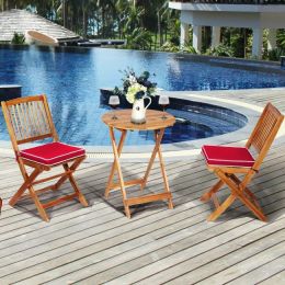 3 Pieces Patio Folding Wooden Bistro Set Cushioned Chair (Color: Red)