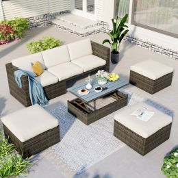 Patio Furniture Sets, 5-Piece Patio Wicker Sofa with Adustable Backrest, Cushions, Ottomans and Lift Top Coffee Table (Color: Beige)