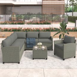 Patio Furniture Set, 5 Piece Outdoor Conversation Set, with Coffee Table, Cushions and Single Chair (Color: Grey)