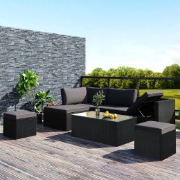 Large Outdoor Wicker Sofa Set, PE Rattan, Movable Cushion, Sectional Lounger Sofa, For Backyard, Porch, Pool, Beige (Color: Gray)