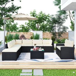 9-piece Outdoor Patio Large Wicker Sofa Set, Rattan Sofa set for Garden, Backyard,Porch and Poolside, Black wicker, Beige Cushion (Color: Beige)