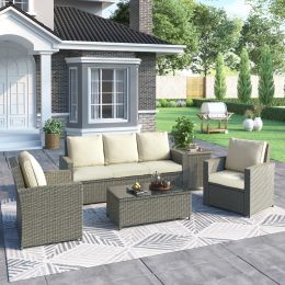 5 Piece Rattan Sectional Seating Group with Cushions and table, Patio Furniture Sets, Outdoor Wicker Sectional (Color: Beige)