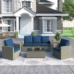 5 Piece Rattan Sectional Seating Group with Cushions and table, Patio Furniture Sets, Outdoor Wicker Sectional (Color: Blue)