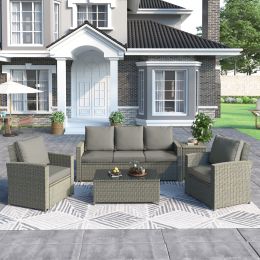 5 Piece Rattan Sectional Seating Group with Cushions and table, Patio Furniture Sets, Outdoor Wicker Sectional (Color: Grey)