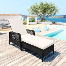 Outdoor patio pool PE rattan wicker chair wicker sun lounger, Adjustable backrest, beige cushion, Black wicker (1 set) (Color: Beige)