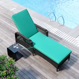 Outdoor patio pool PE rattan wicker chair wicker sun lounger, Adjustable backrest, beige cushion, Black wicker (1 set) (Color: Green)