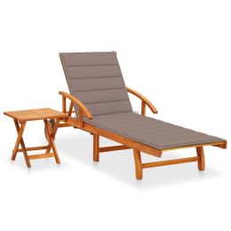 Garden Sun Lounger with Table and Cushion Solid Acacia Wood (Color: Brown)