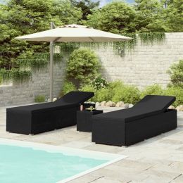 3 Piece Garden Sun Loungers with Tea Table Poly Rattan Black (Color: Black)