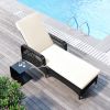 Outdoor patio pool PE rattan wicker chair wicker sun lounger, Adjustable backrest, beige cushion, Black wicker (1 set)