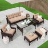 6-Piece Outdoor Patio PE Wicker Rattan Sofa Set Dining Table Set with Removable Cushions and Tempered Glass Tea Table for Backyard, Poolside, Deck