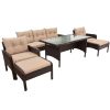 6-Piece Outdoor Patio PE Wicker Rattan Sofa Set Dining Table Set with Removable Cushions and Tempered Glass Tea Table for Backyard, Poolside, Deck