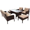 6-Piece Outdoor Patio PE Wicker Rattan Sofa Set Dining Table Set with Removable Cushions and Tempered Glass Tea Table for Backyard, Poolside, Deck