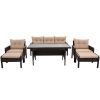 6-Piece Outdoor Patio PE Wicker Rattan Sofa Set Dining Table Set with Removable Cushions and Tempered Glass Tea Table for Backyard, Poolside, Deck