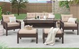 6-Piece Outdoor Patio PE Wicker Rattan Sofa Set Dining Table Set with Removable Cushions and Tempered Glass Tea Table for Backyard, Poolside, Deck